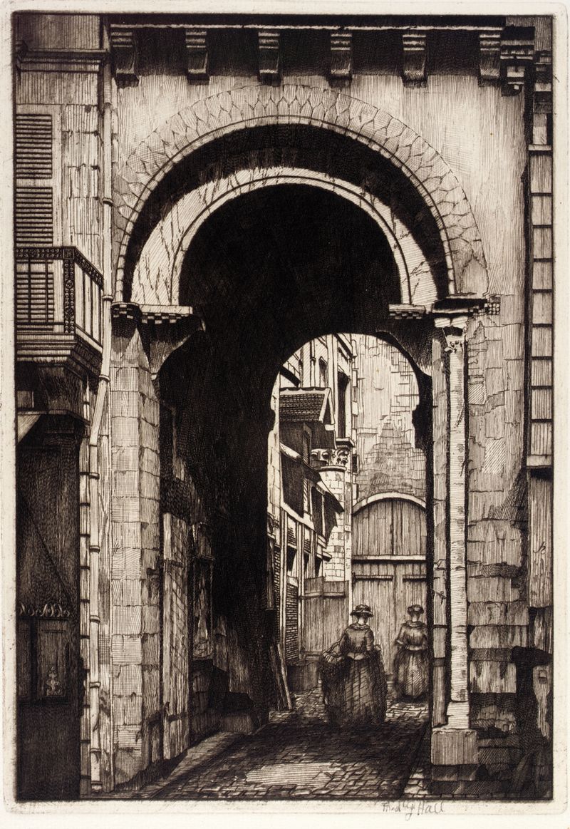 Ancient Doorway, Nevers by Frederick G. Hall, oil on canvas depicting a weathered stone doorway.