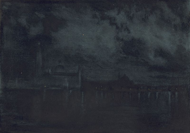 Palacio de noche de Joseph Pennell, pintura al óleo que presenta arquitectura iluminada por la luna.
