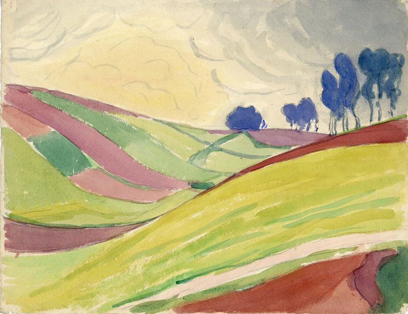 Landscape in watercolor by Albert Daenens depicting soft colors and horizon