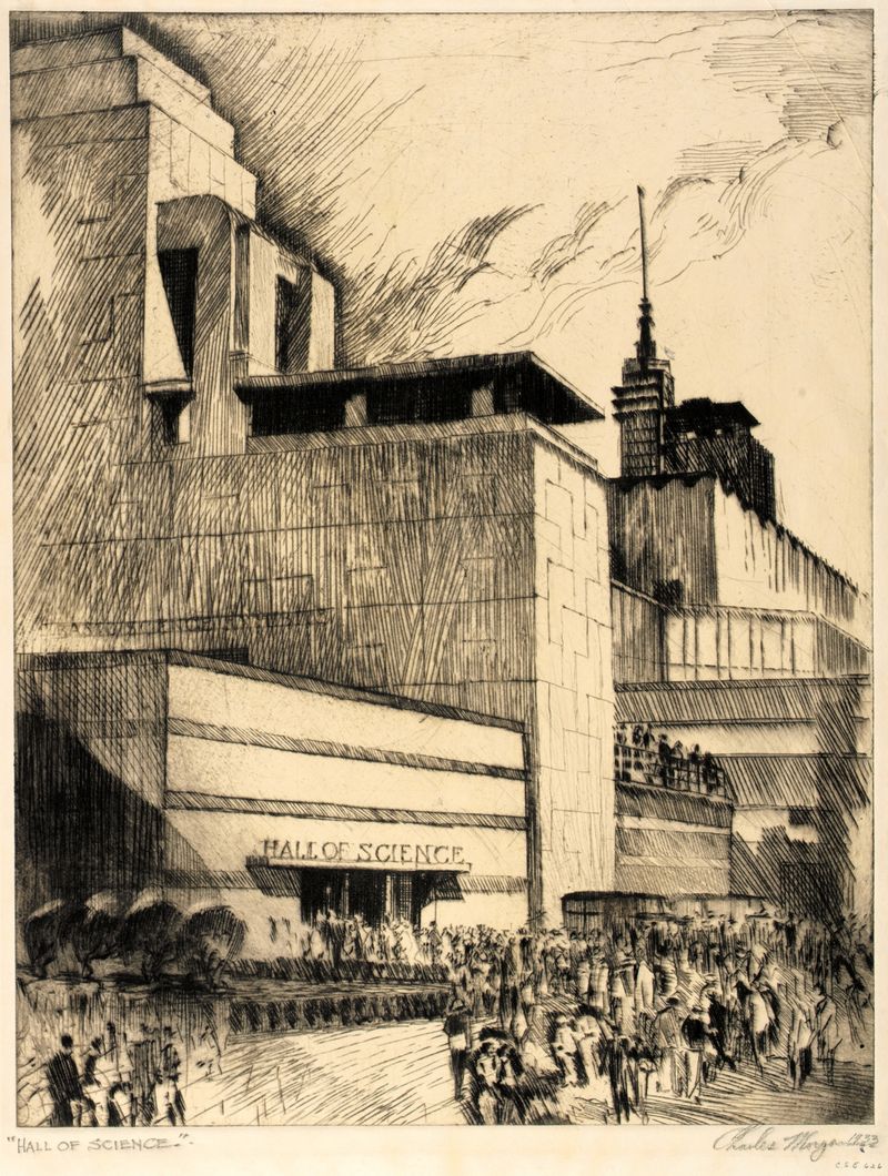 Hall of Science de Charles L. Morgan, óleo sobre lienzo que muestra un gran edificio y una multitud