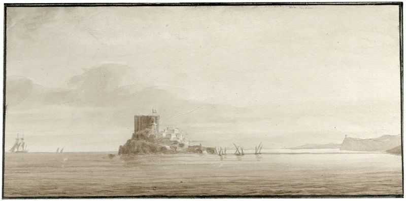 Pintura a óleo de paisagem de Otto Howen mostrando uma ilha e água tranquila