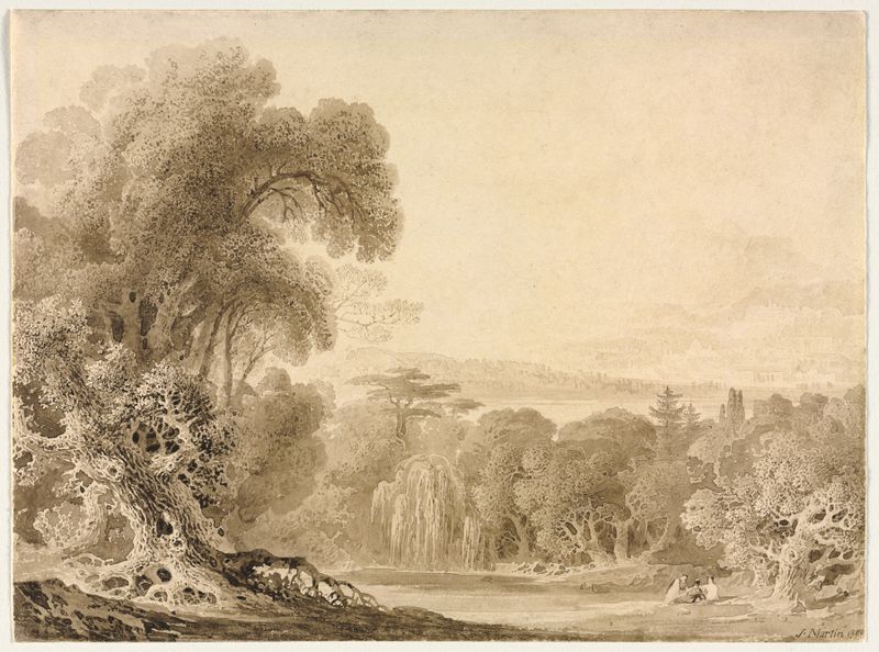 Figures Seated by a Lake in a Wooded Landscape de John Martin, óleo