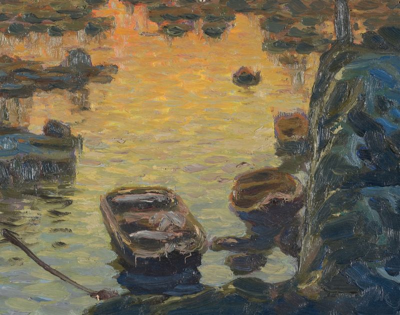 A Spring Night during the Fishing Season de Anna Boberg, óleo sobre lienzo que representa una escena de pesca al atardecer.