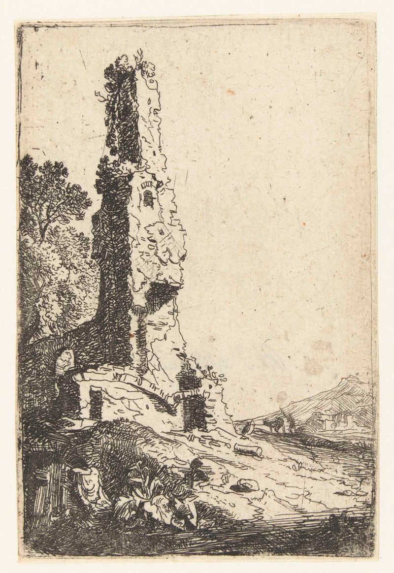 Ruïnes van de stadsmuren van Rome, etching by Bartholomeus Breenbergh, depicting crumbling city walls.