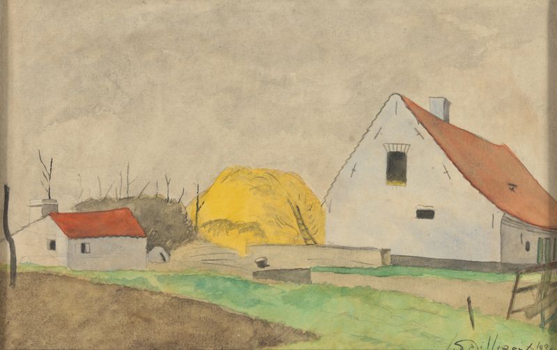 Óleo sobre tela de Léon Spilliaert retratando uma fazenda ao crepúsculo em uma paisagem serena.