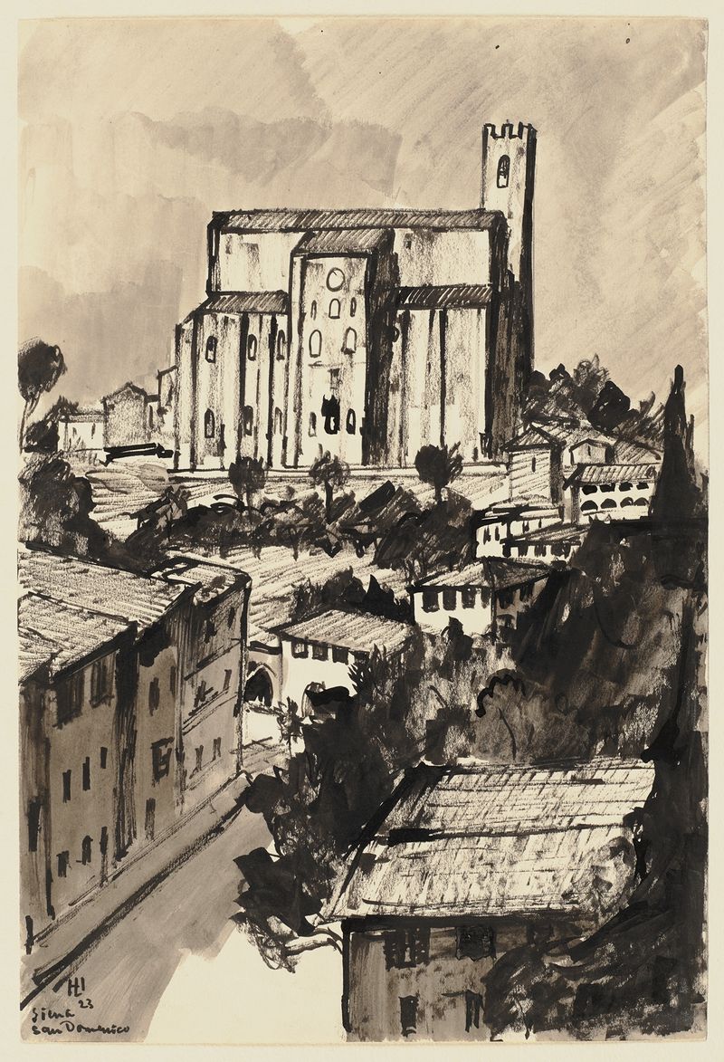 San Domenico, Siena de Hermann Lismann, pintura a óleo que retrata a fachada da igreja com luz e sombra.