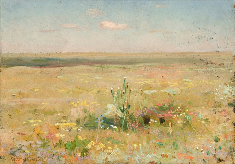 Steppe de Jan Stanisławski, óleo que representa un vasto paisaje con verdes y marrones apagados.