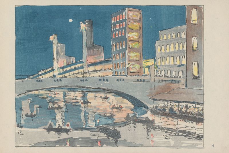 Ponte Ebisubashi, tinta sobre papel de Akamatsu Rinsaku, mostrando uma paisagem urbana com reflexos.