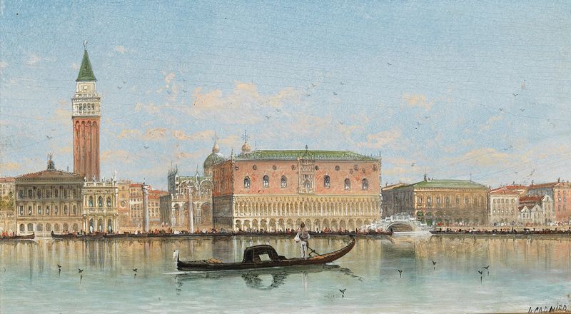 Oil on canvas by Karl Kaufmann depicting St. Mark's Column in Venice with sunlight.