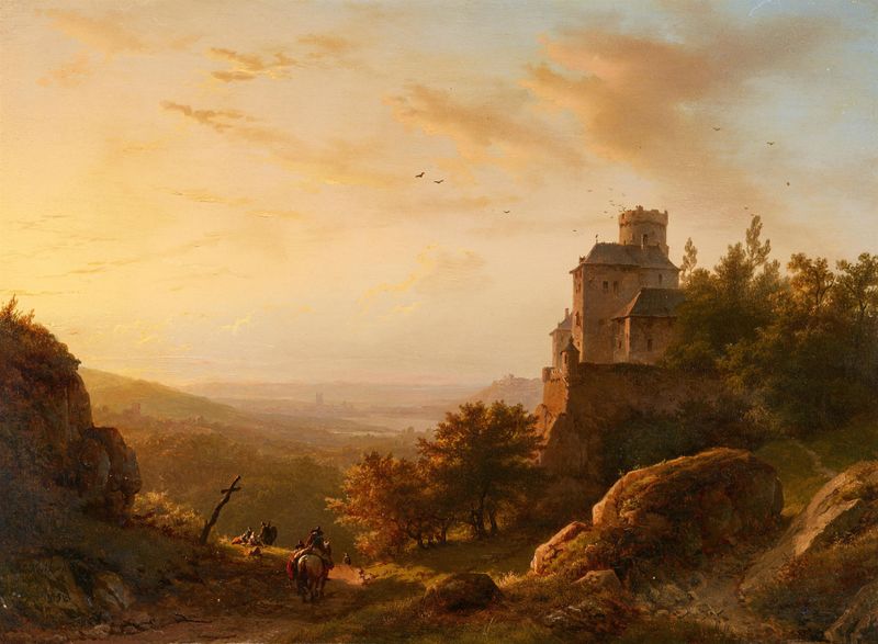Landschaft mit Burg by Barend Cornelis Koekkoek, oil on canvas depicting a castle at twilight.