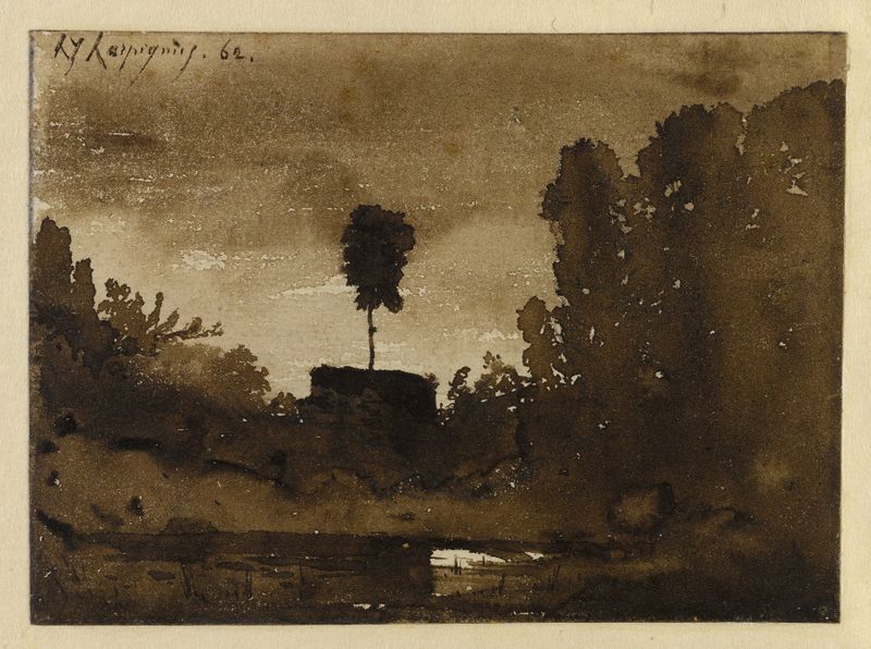 Paisagem ao crepúsculo de Henri-Joseph Harpignies, pintura a óleo