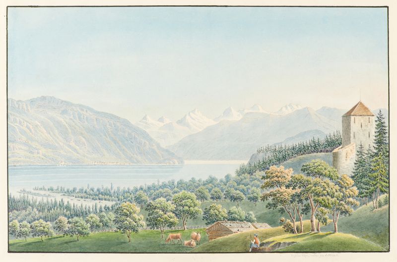 Paisagem do Lago Thun com montanhas, pintura a óleo de Jakob Samuel Weibel