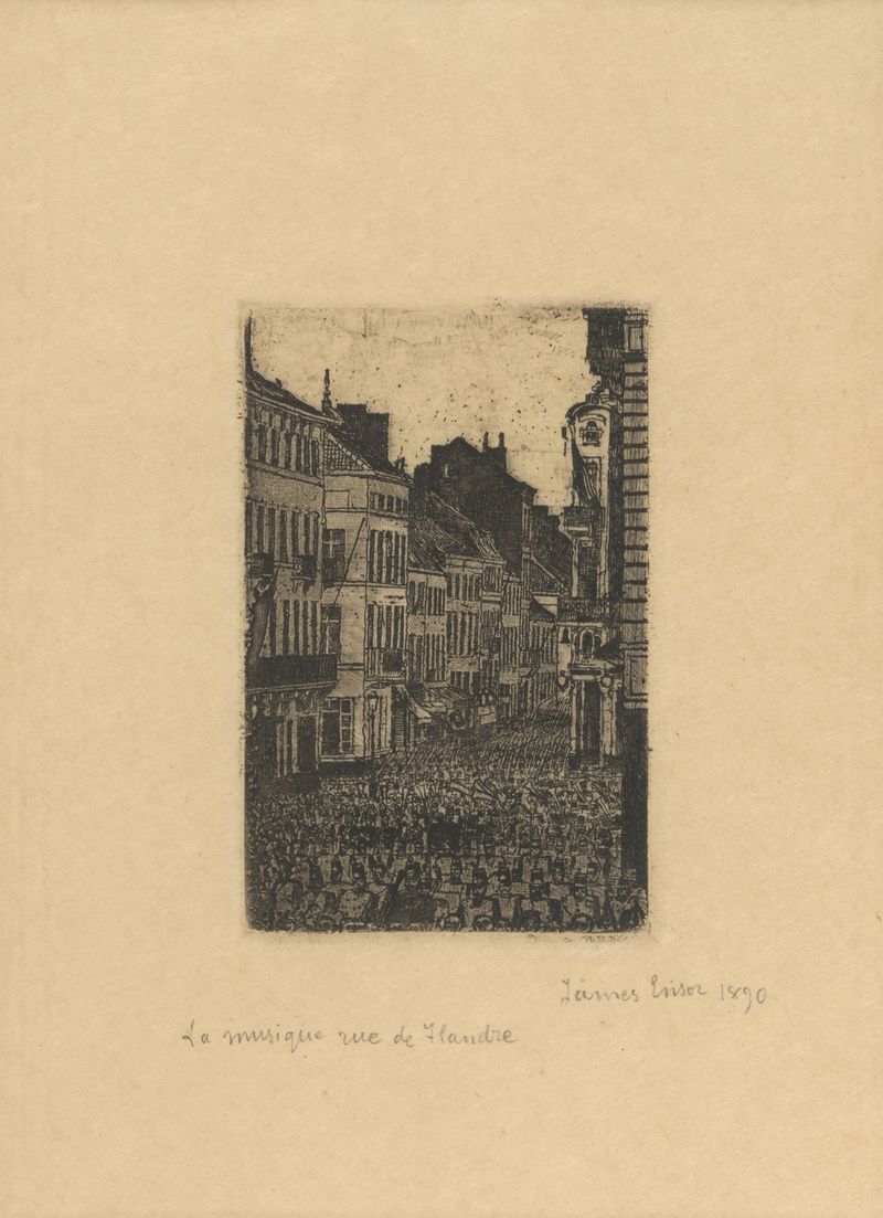 Genre scene oil painting by James Ensor featuring musicians in Oostende.