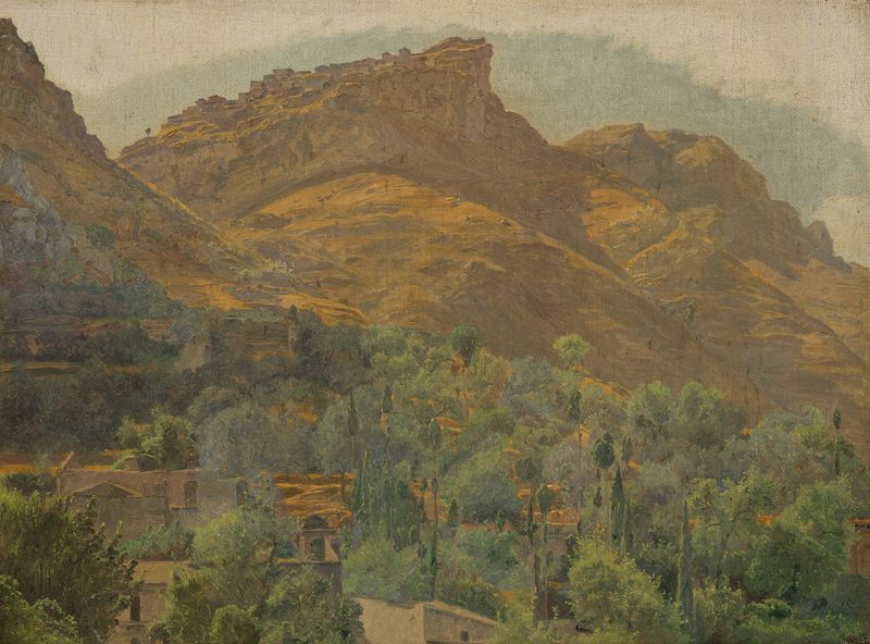 Pintura a óleo de paisagem de Ferdinand Georg Waldmüller mostrando colinas e uma vila.