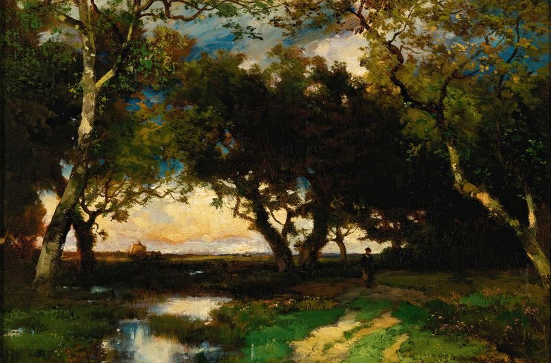 Bajo los Árboles, pintura al óleo de Thomas Moran, que representa un bosque tranquilo con luz filtrándose entre los árboles.