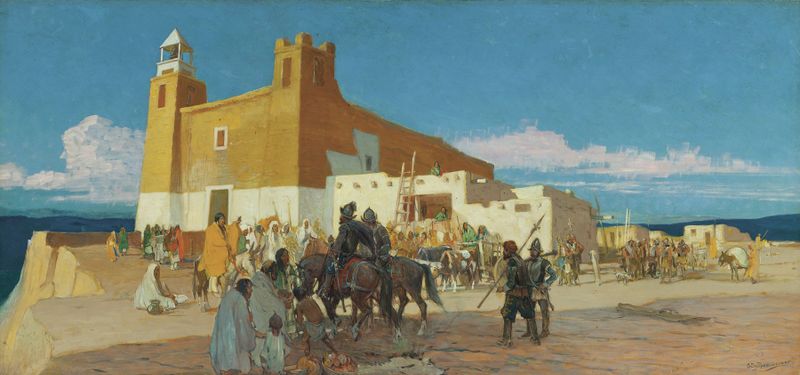 Historical scene of Native Americans and Spanish soldiers, oil painting by Oscar Edmund Berninghaus