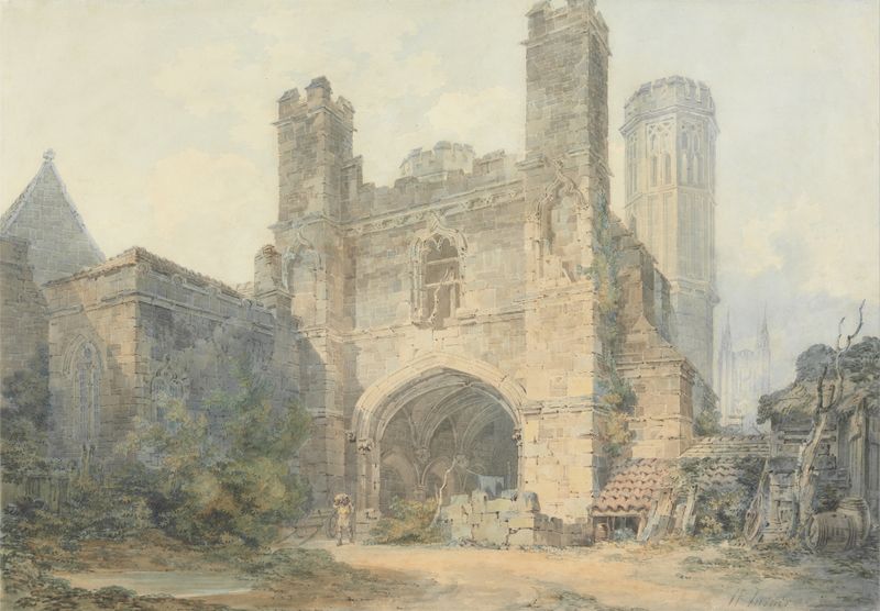 Saint Augustine’s Gate, Canterbury de Joseph Mallord William Turner, óleo que muestra una puerta histórica con luz vibrante.