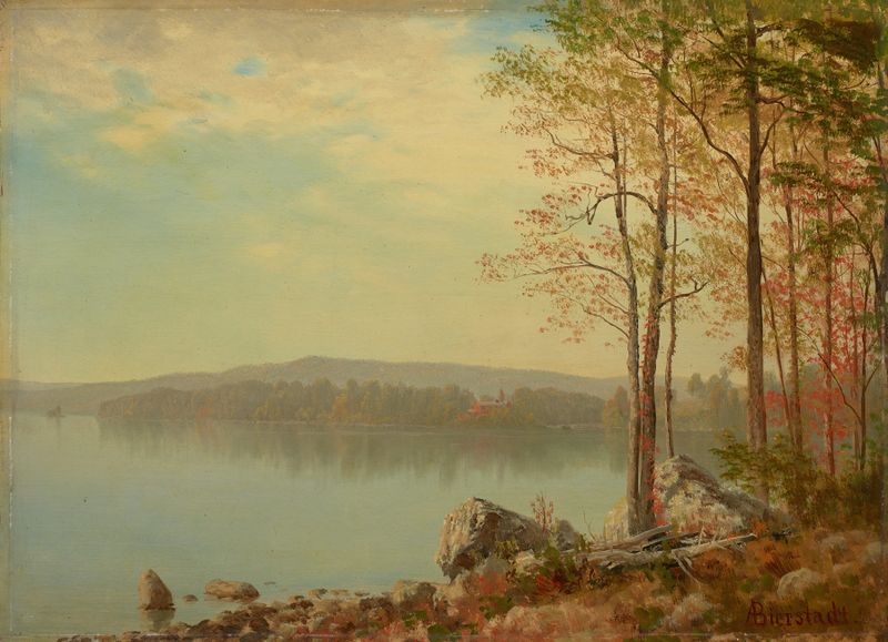 Paisagem de Albert Bierstadt, pintura a óleo com montanhas, flores silvestres e uma floresta serena