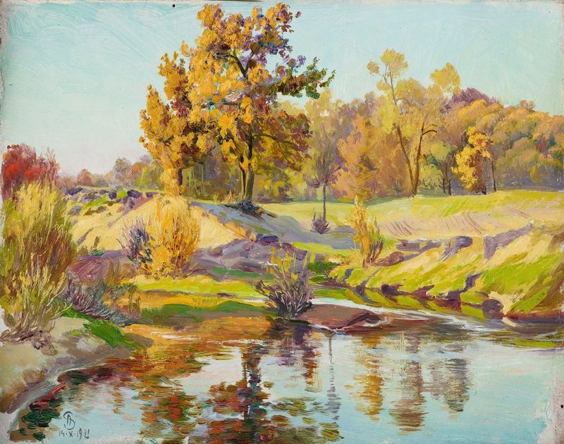 Sunny Autumn by Ambroży Sabatowski, impressionism, depicting vibrant autumn trees and golden light