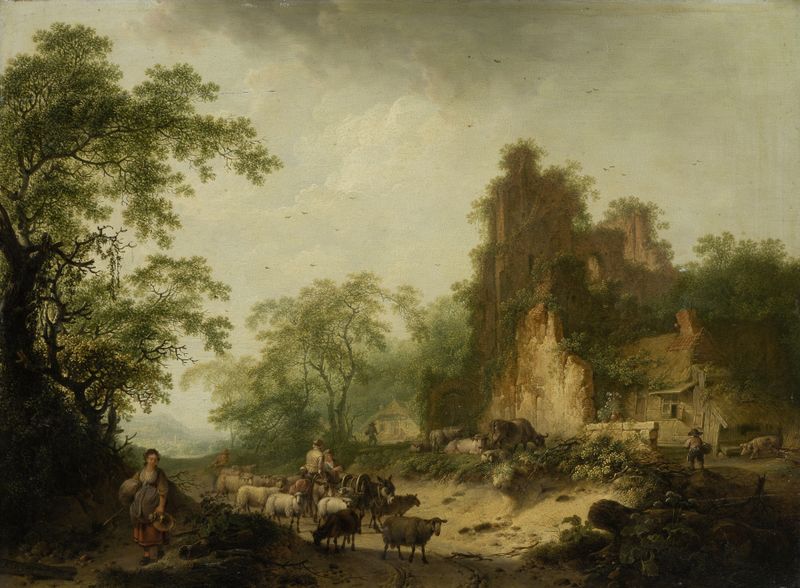 Landscape with Herd of Sheep in Front of a Peasant Hut in a Ruins by Hendrik Meyer, oil painting