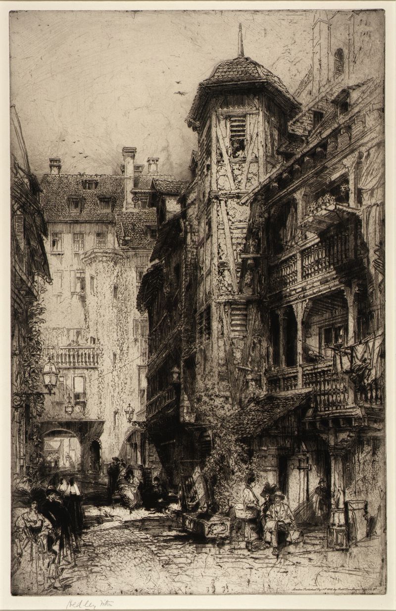 Cour de Corbeau, Strassburg de Hedley Fitton, óleo sobre tela mostrando um pátio com ramos e pastéis suaves.