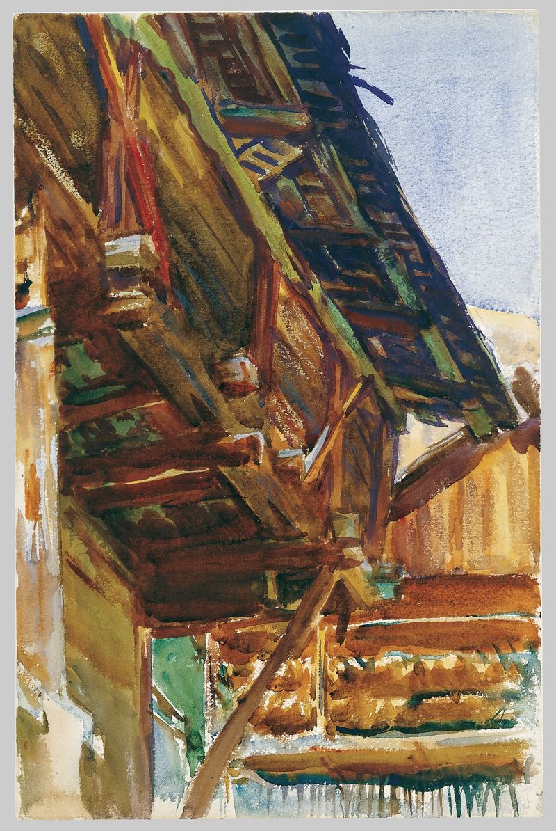 Chalet de John Singer Sargent, óleo de un chalet de madera en un paisaje sereno.