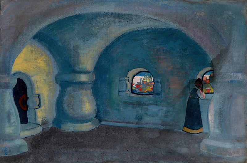 Sadko’s Chamber, oil on canvas by Nicholas Roerich, featuring intricate textiles and warm golden light.