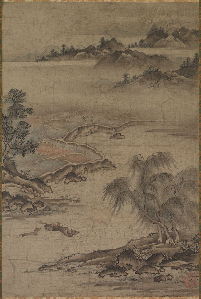 Farming and Herding Buffalo in Summer de Kano Hideyori, tinta sobre seda, mostrando pastores y búfalos en un paisaje exube...