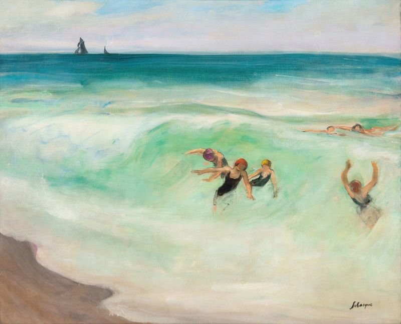 Pintura a óleo de Henri Lebasque retratando banhistas nas ondas do oceano.
