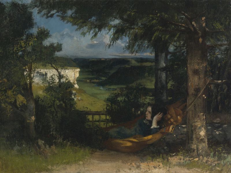 Femme dans un hamac de Gustave Courbet, óleo sobre lienzo, que representa a una mujer reclinada en una hamaca.
