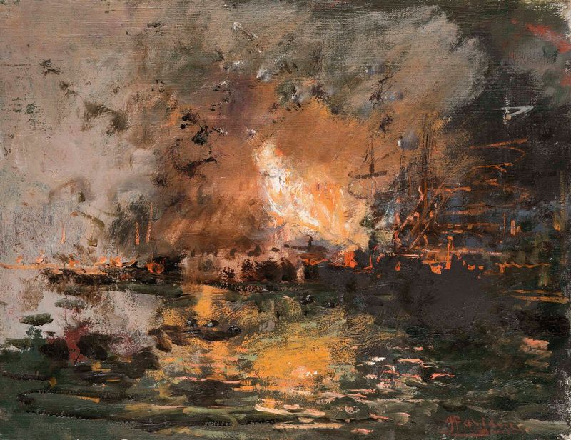 Boat on fire in a harbor, oil on canvas by Pompeo Mariani