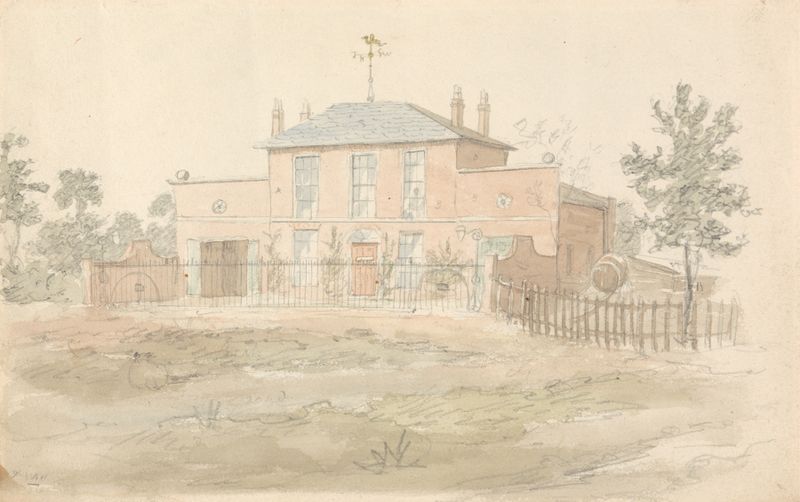 Watercolour by John Preston Neale depicting a house with a weathercock against a muted sky.