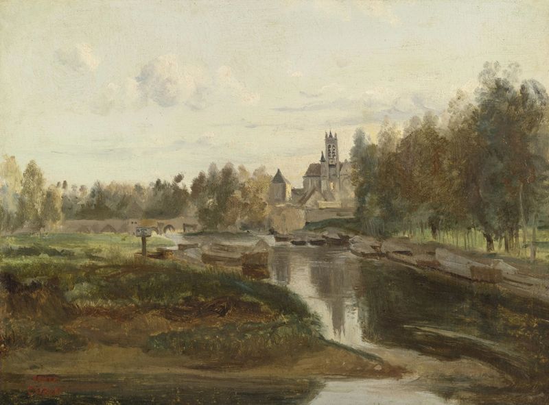 Vue de Moret-sur-Loing de Jean-Baptiste-Camille Corot, óleo sobre lienzo que representa un paisaje sereno.