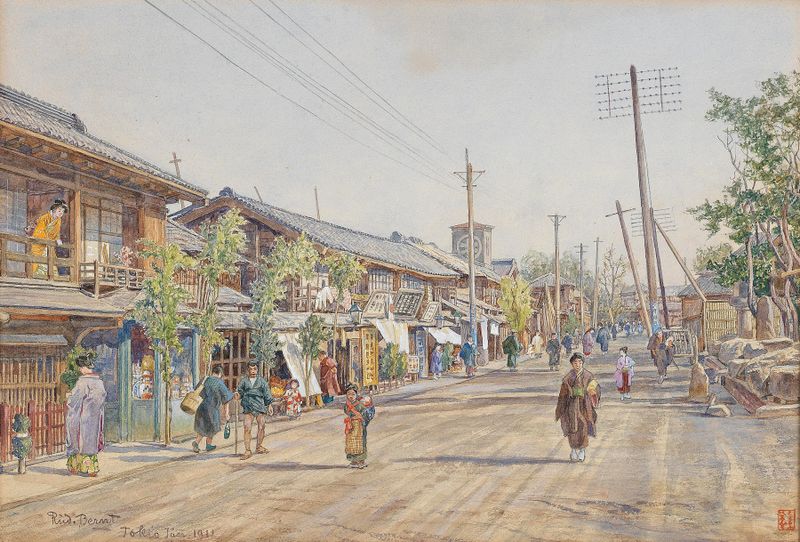 A Street In Tokyo de Rudolf Bernt, óleo sobre tela representando uma cena de rua movimentada