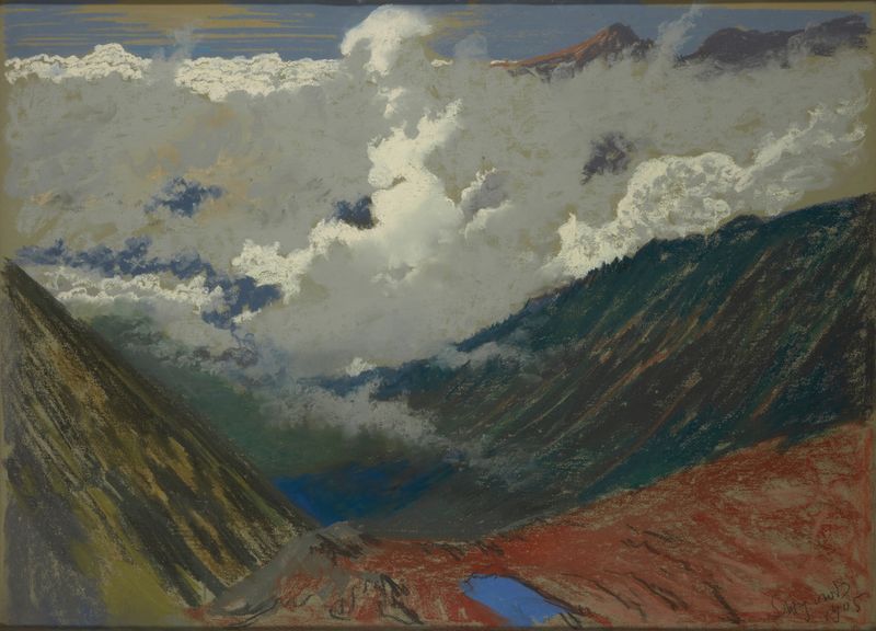 Landscape with a small figure under a radiant sky, oil on canvas by Leon Wyczółkowski