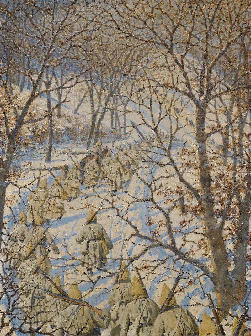 Oil painting by Vasily Vereshchagin depicting a soldier in golden light among battle remnants.