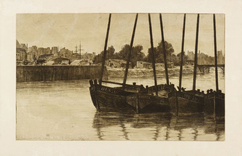 Bateaux au Radoub, Dieppe grabado de Henri-Charles Guérard que muestra barcos bajo la luz del sol en el agua
