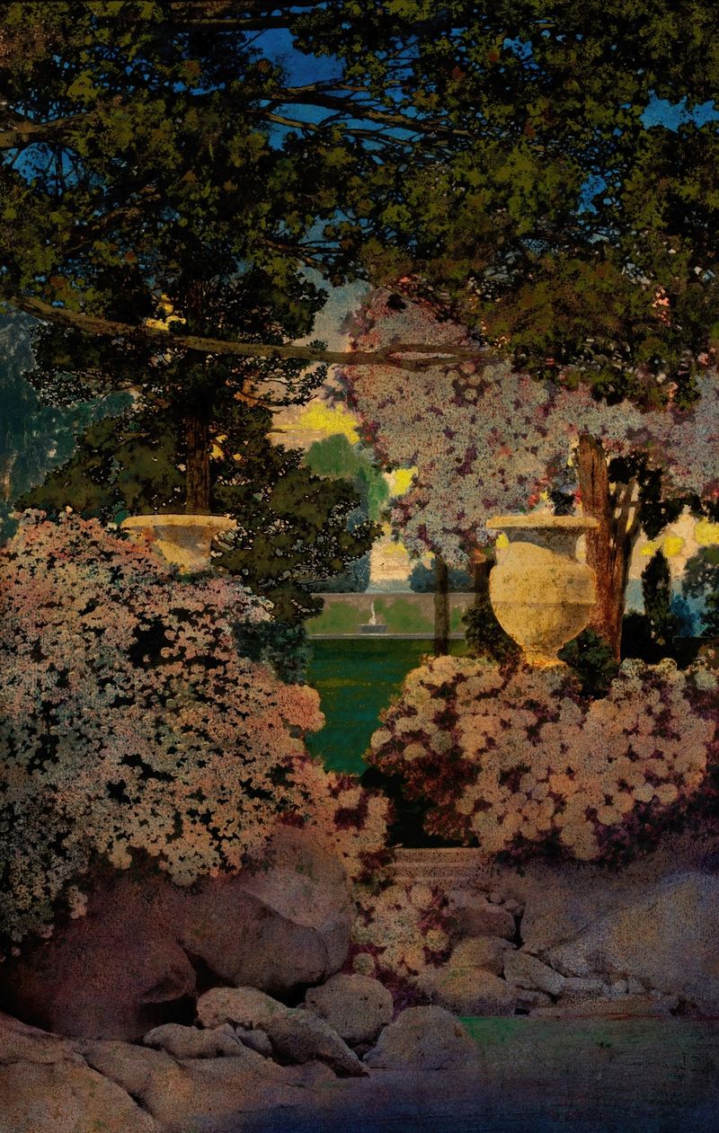 Oil painting by Maxfield Parrish featuring a serene landscape with trees