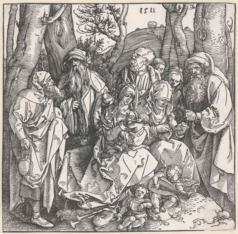 Escena religiosa de la Sagrada Familia con Anna y sus esposos, grabado de Albrecht Dürer