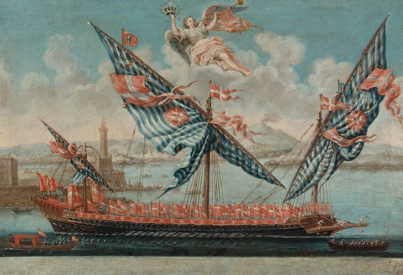 Pintura a óleo barroca de um navio da Escola Maltese