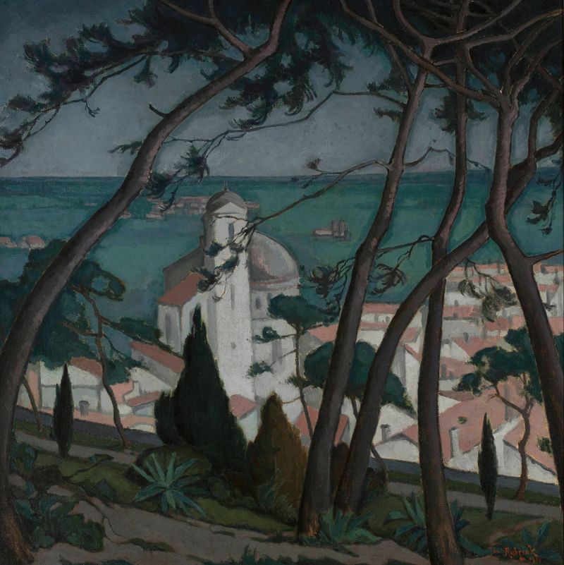 Paisaje de Jan Rubczak, Post-Impresionismo, que muestra colinas onduladas y un horizonte tranquilo.