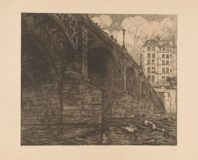 Pont de la Tournelle in Paris, oil painting by Pieter Dupont, depicting a bridge reflected in tranquil waters.