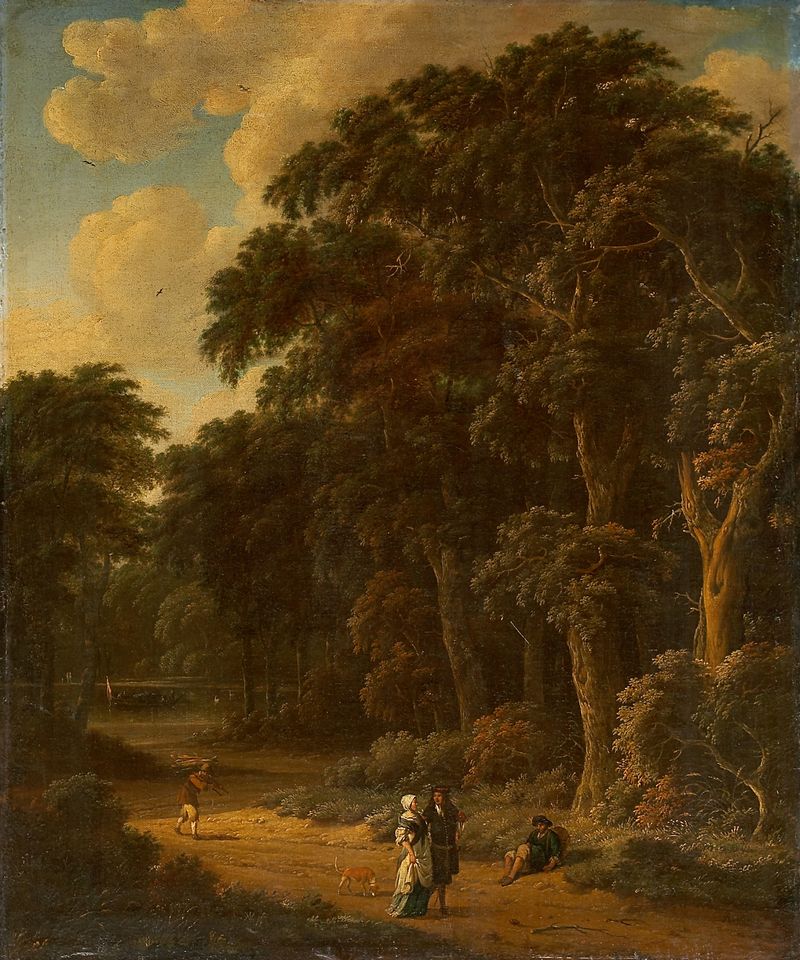 Forest landscape with workers and people strolling, oil painting by Salomon Rombouts