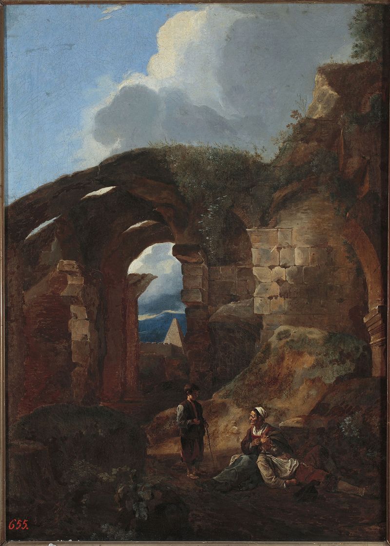 Cena de gênero com vagabundos nas ruínas do Coliseu de Michelangelo Cerquozzi, pintura a óleo