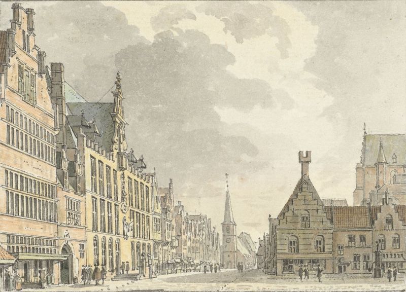 Stadhuis en Markt te Bergen op Zoom de Abraham de Haen the Younger, pintura al óleo que muestra un gran ayuntamiento.