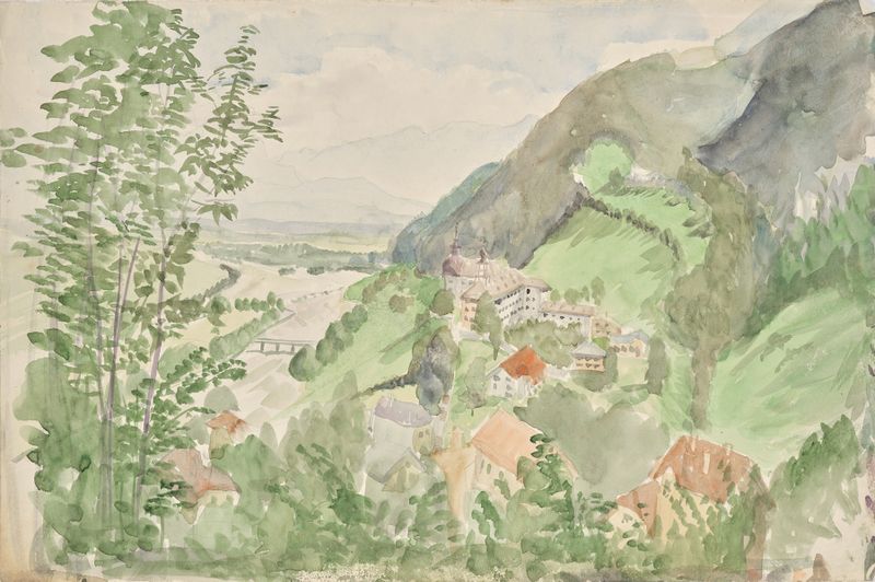 Landscape with mountains and a river by Franz Barwig the Elder, oil painting