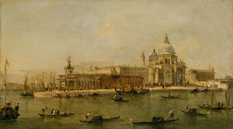 Pintura rococó de Workshop of Francesco Guardi que representa Venecia con barcos al amanecer.