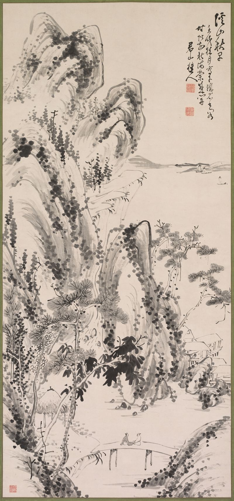 Landscape with Figures de Fujimoto Tesseki, tinta sobre papel, representando figuras en un entorno natural sereno.