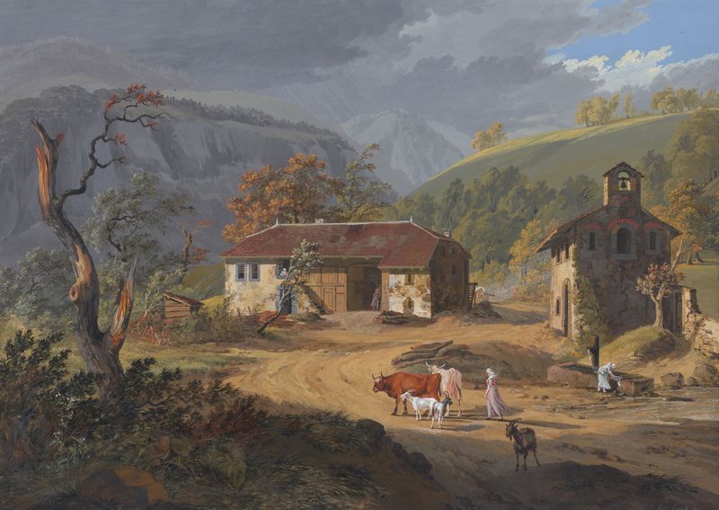 Landscape of the village of Clées by Jean-Antoine Linck, medium unknown.