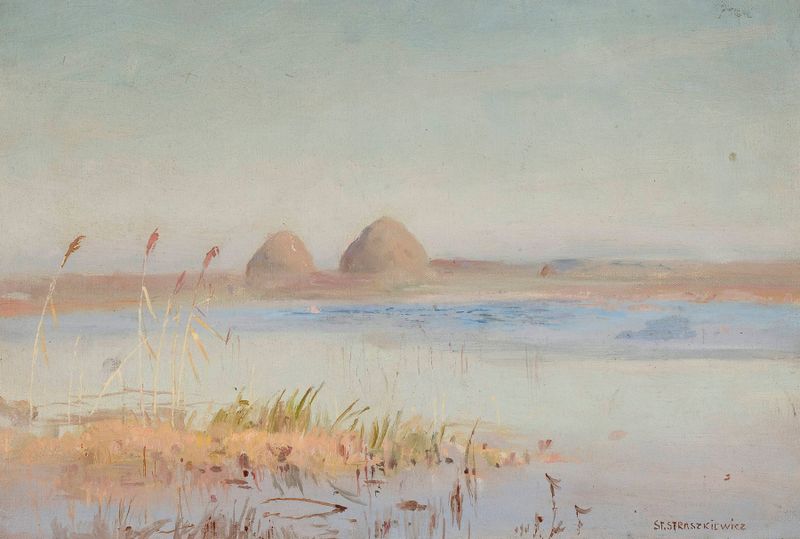 Estudo de paisagem – Dia no outono, óleo sobre tela de Stanisław Straszkiewicz, apresentando árvores de outono e luz suave.